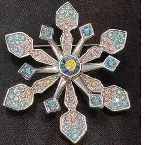 Rhinestone Snowflake Brooch Aurora Borealis Silver Tone 15g 2"